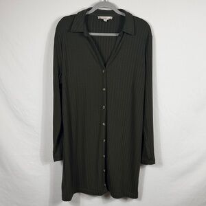 LOFT Dark Green Ribbed Full Button Long Sleeve V-Neck Dress. Womens size 18